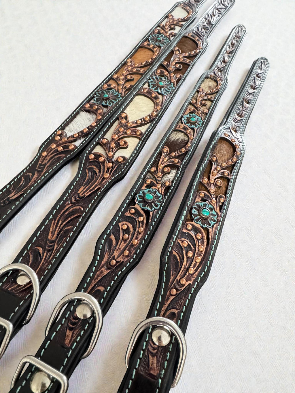Western leather dog collar 3D inlay with Turquoise Floral details by Wild Rags