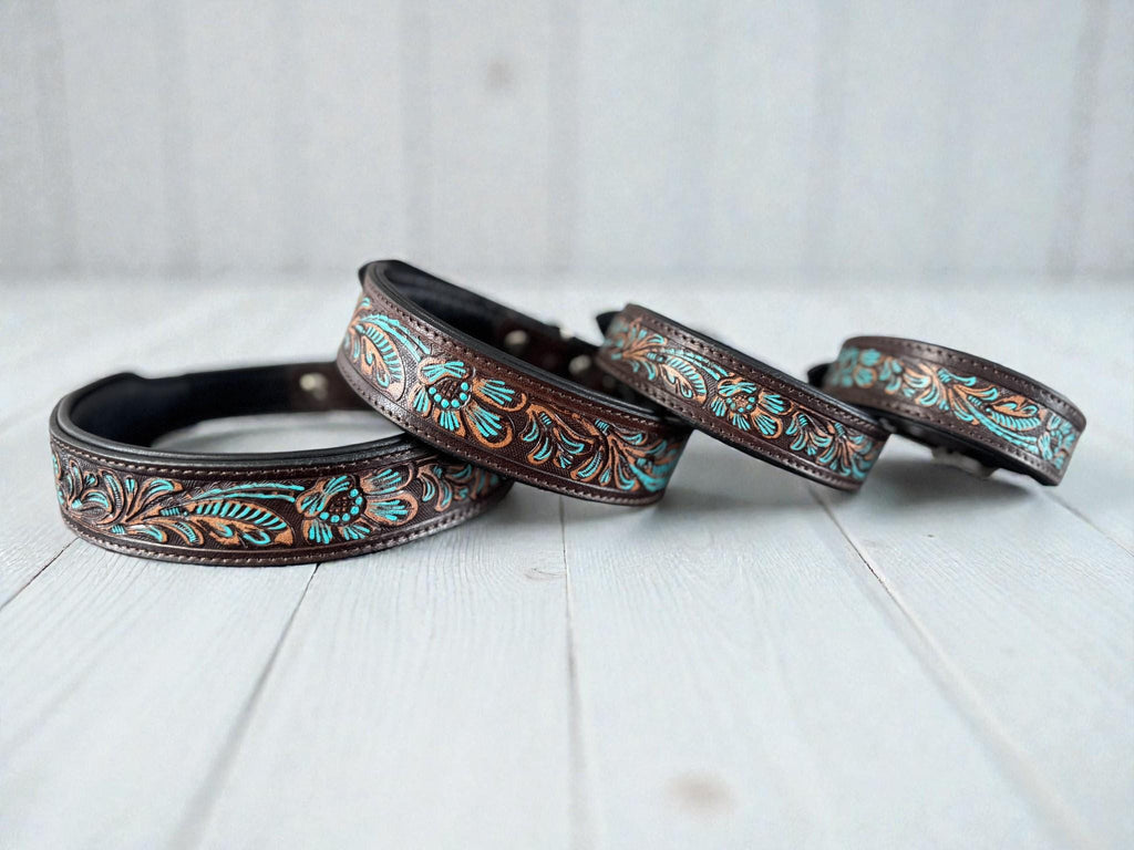Western leather dog collar with Turquoise Floral details by Wild Rags