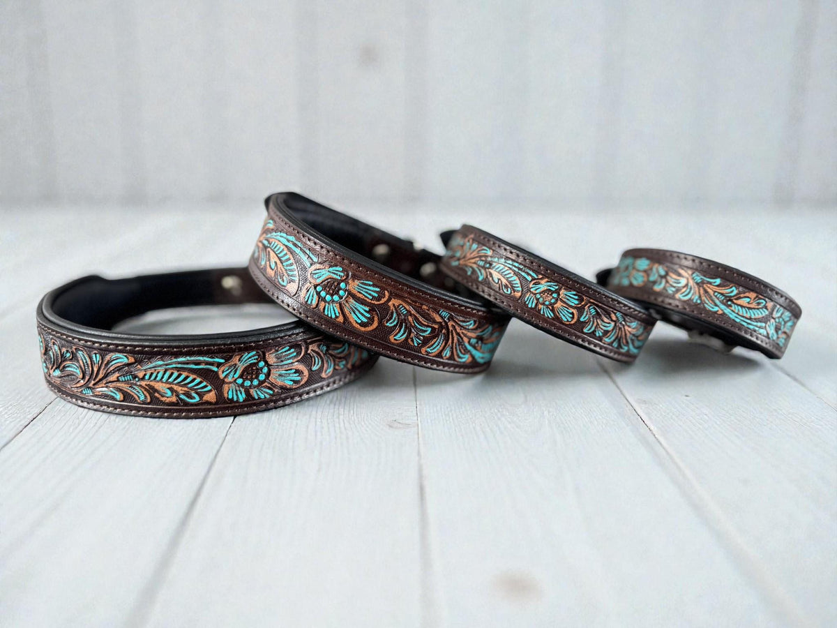 Western leather dog collar with Turquoise Floral details by Wild Rags