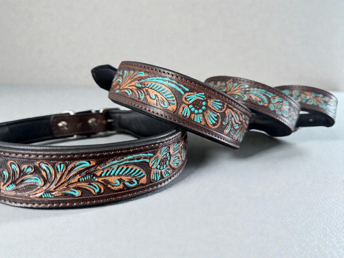 Western leather dog collar with Turquoise Floral details by Wild Rags