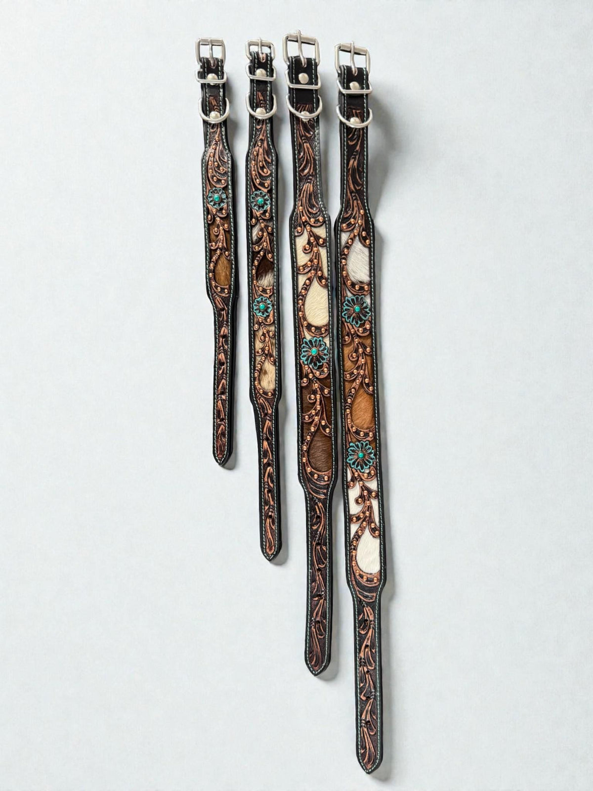 Western leather dog collar 3D inlay with Turquoise Floral details by Wild Rags