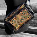 Black & Turquoise Saddle Ridge Tooled Leather Western Crossbody Bag by Double B Wild Rags