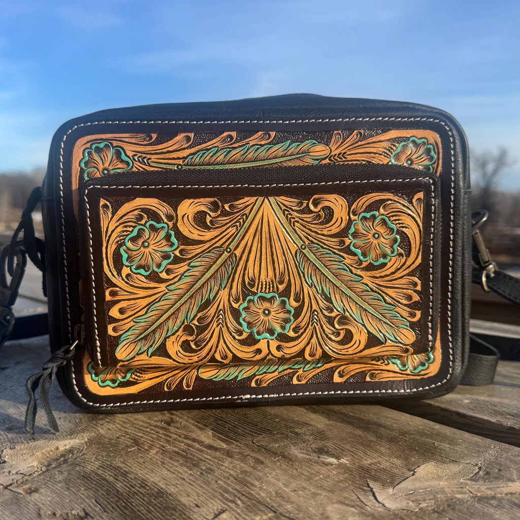 Black & Turquoise Saddle Ridge Tooled Leather Western Crossbody Bag by Double B Wild Rags