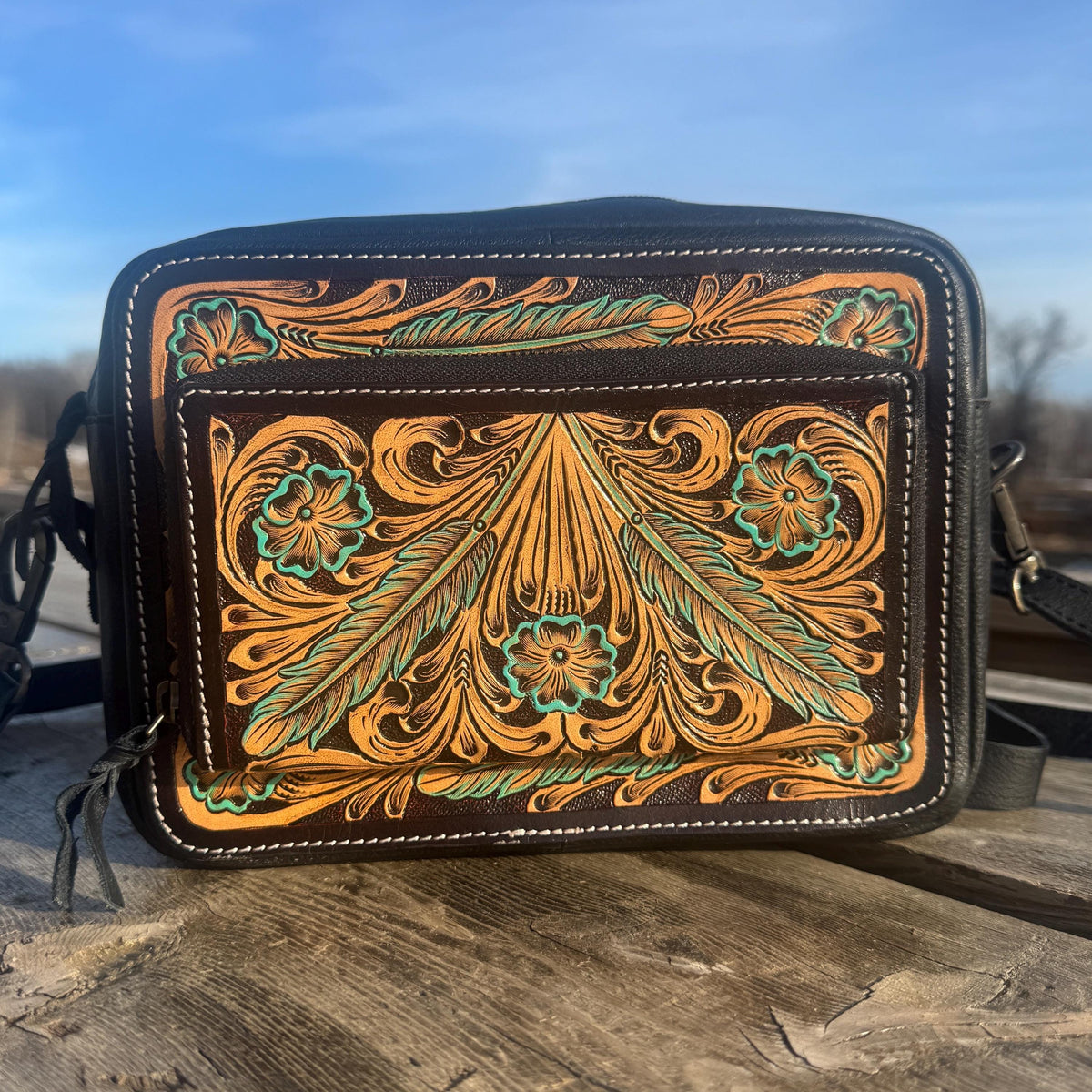 Black & Turquoise Saddle Ridge Tooled Leather Western Crossbody Bag by Double B Wild Rags