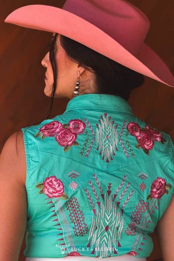 Jade Pearl Snap Floral Embroidered Sleeveless Stretch Western Tunic Dress- Lucky & Blessed