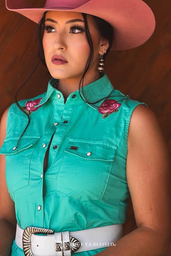 Jade Pearl Snap Floral Embroidered Sleeveless Stretch Western Tunic Dress- Lucky & Blessed