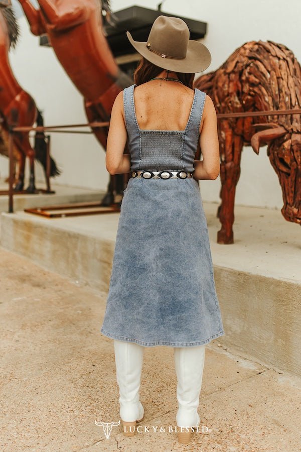 Light Wash Western Stretch Denim Button-Down Maxi Dress — Lucky & Blessed V-Neck with Adjustable Straps & Side Pockets