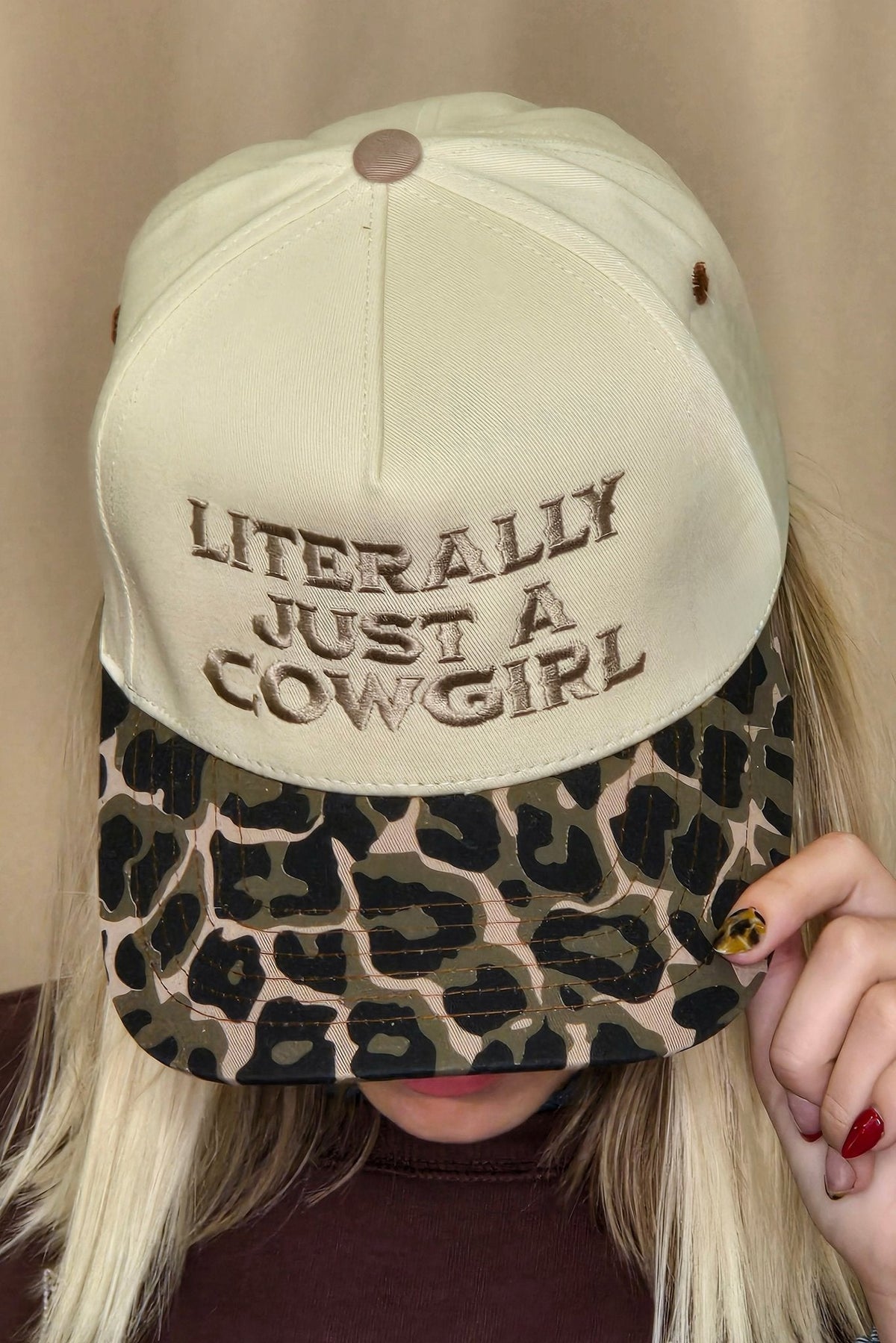 Literally Just a Cowgirl Leopard Brim Trucker Hat — Cream Front with Bold Embroidery