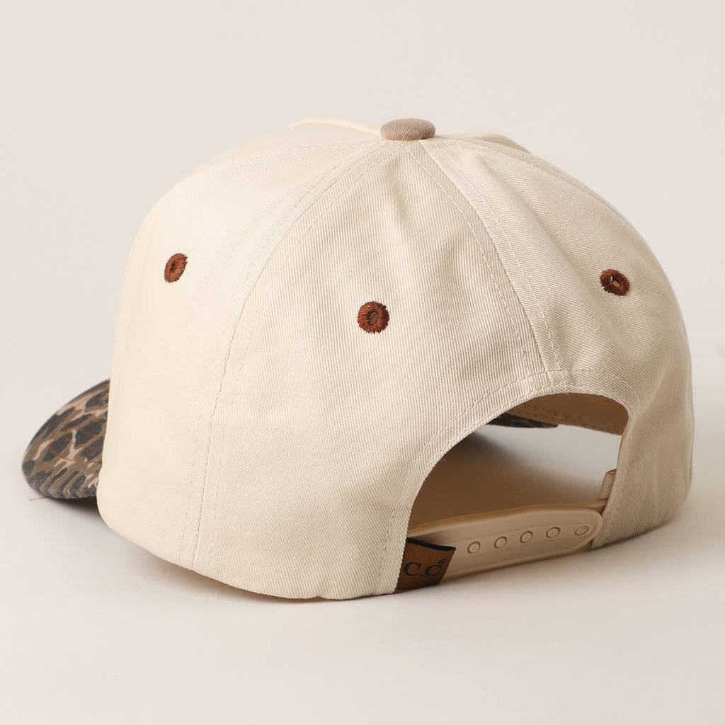 Literally Just a Cowgirl Leopard Brim Trucker Hat — Cream Front with Bold Embroidery