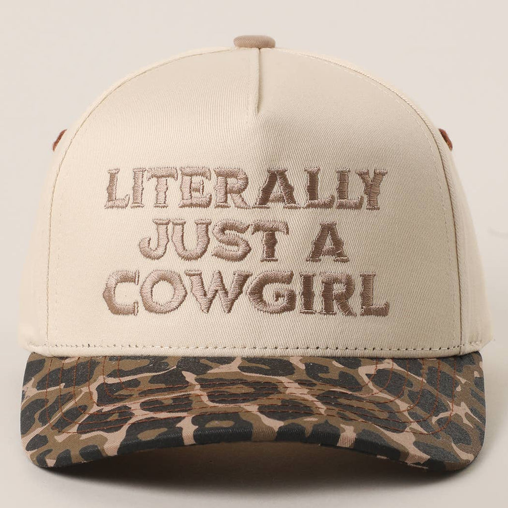 Literally Just a Cowgirl Leopard Brim Trucker Hat — Cream Front with Bold Embroidery
