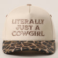 Literally Just a Cowgirl Leopard Brim Trucker Hat — Cream Front with Bold Embroidery