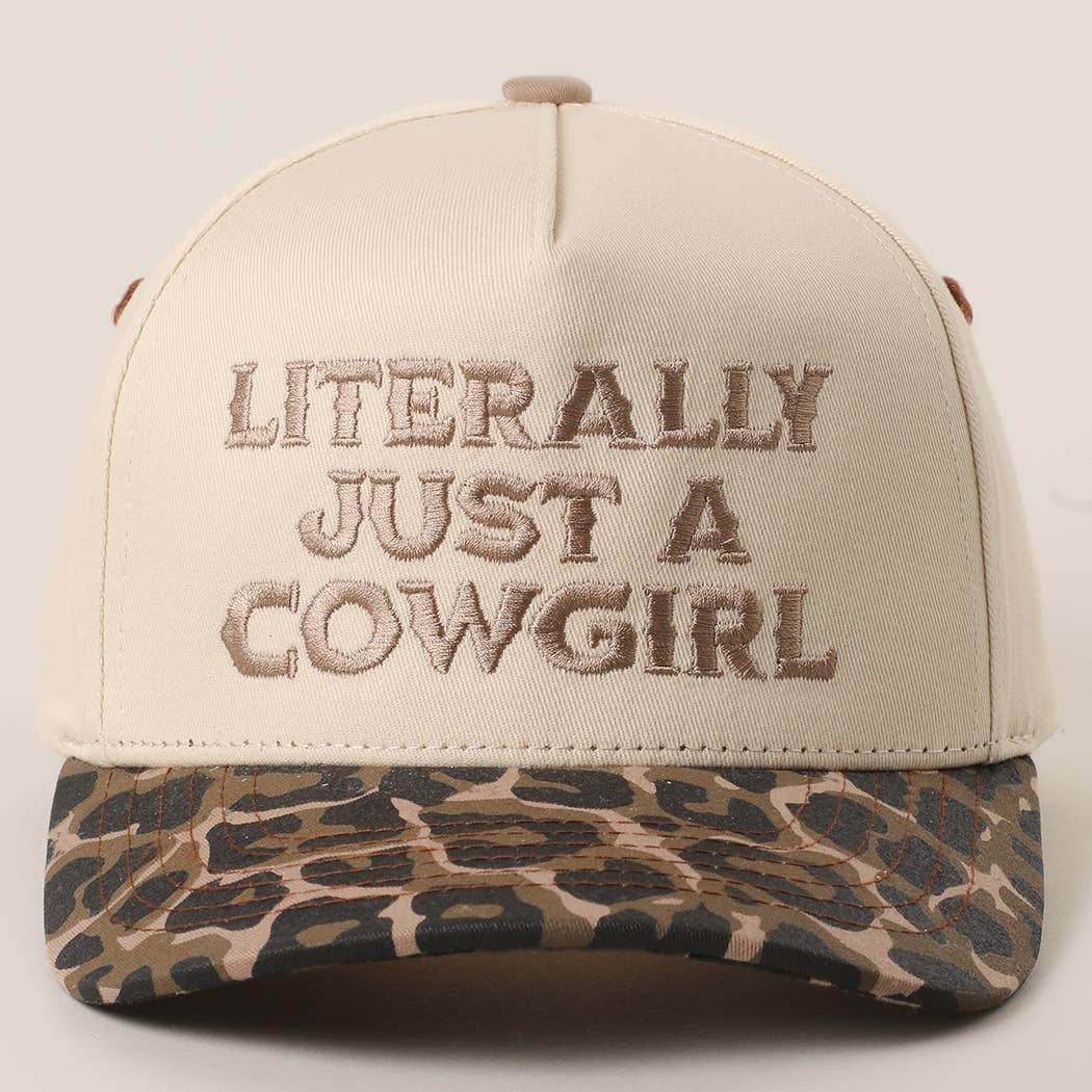 Literally Just a Cowgirl Leopard Brim Trucker Hat — Cream Front with Bold Embroidery