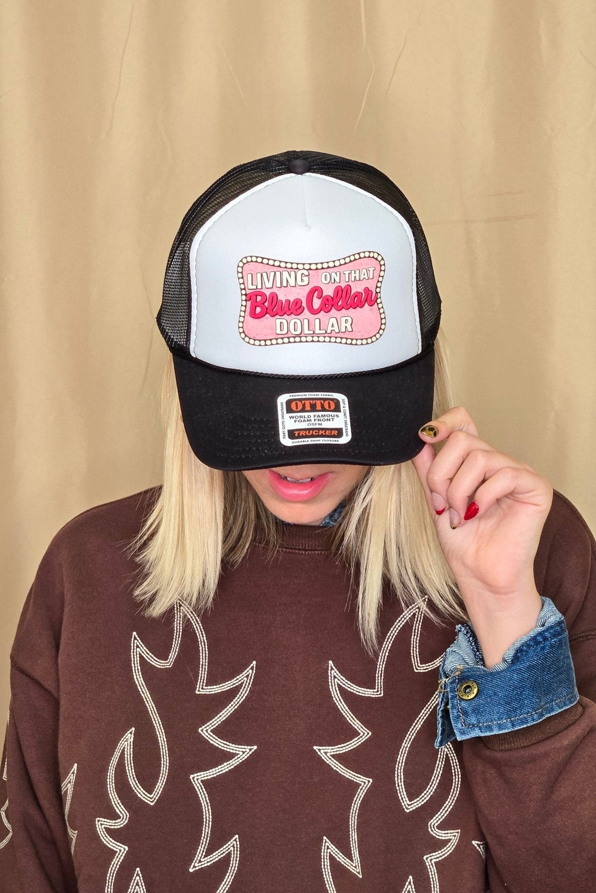 Living on That Blue Collar Dollar Trucker Hat — Otto 5-Panel Foam Front with Breathable Mesh Back
