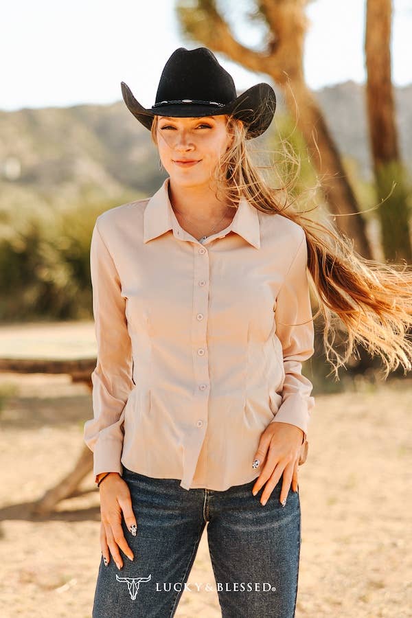Mercedes Beige Western Button-Down Lucky & Blessed Shirt — Tailored Long-Sleeve Cowgirl