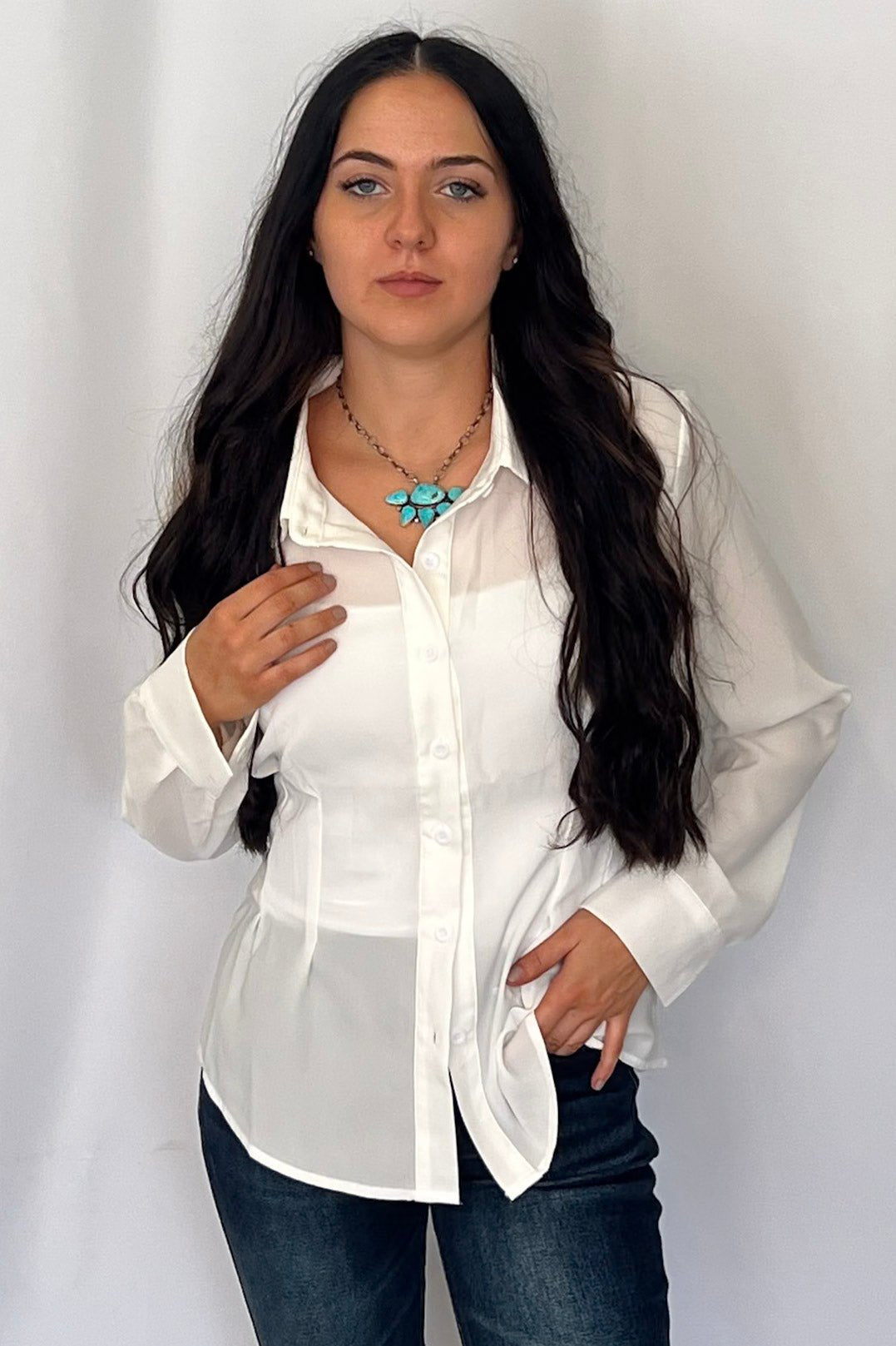 Mercedes Lucky & Blessed Ivory Western Button-Down Shirt — Tailored Long-Sleeve Cowgirl Staple
