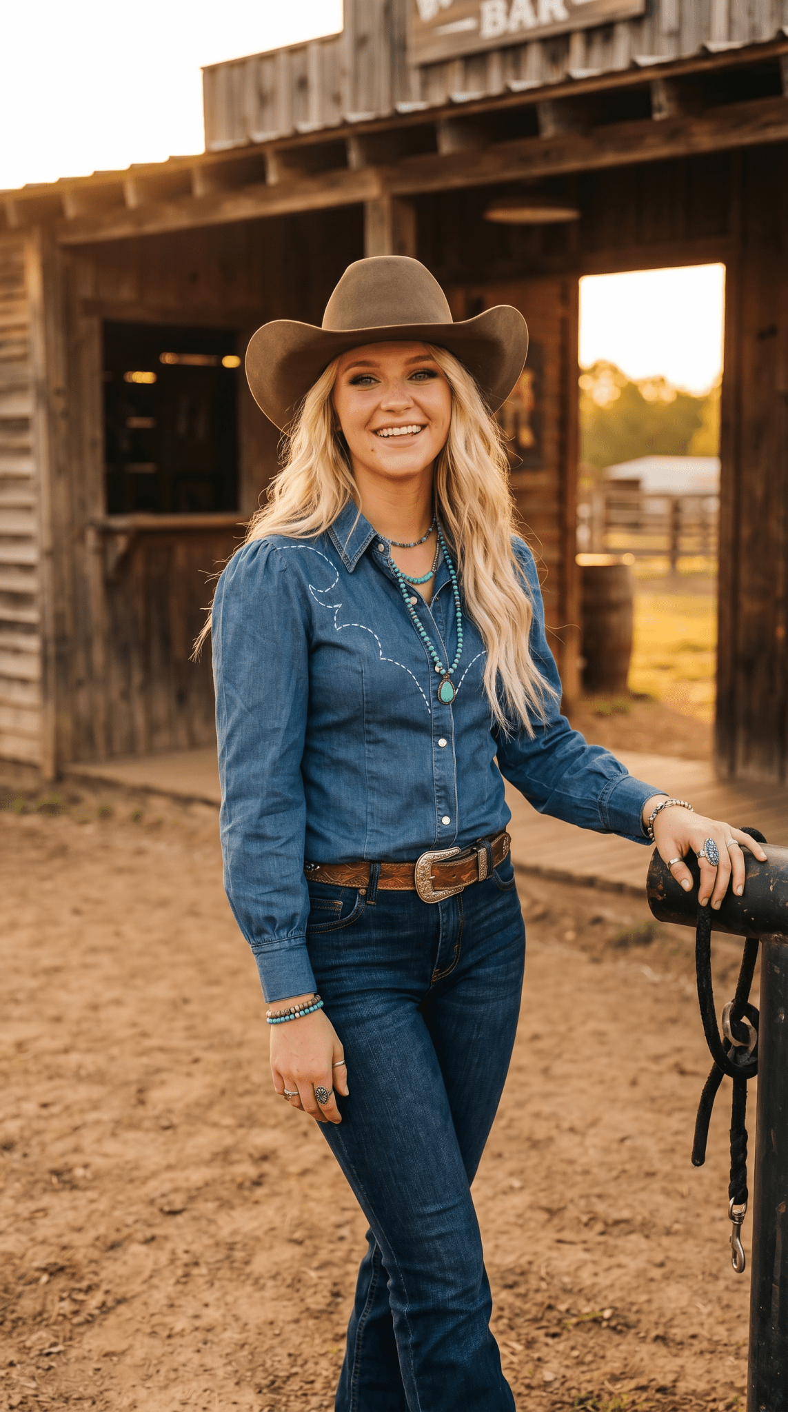 Lucky & Blessed Mid Wash Stretch Denim Pearl Snap Western Shirt
