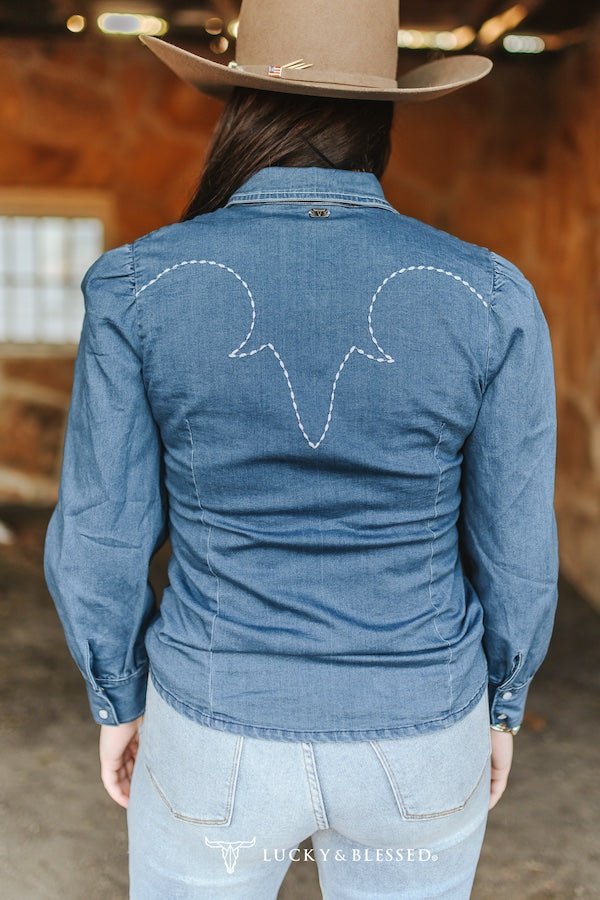 Lucky & Blessed Mid Wash Stretch Denim Pearl Snap Western Shirt