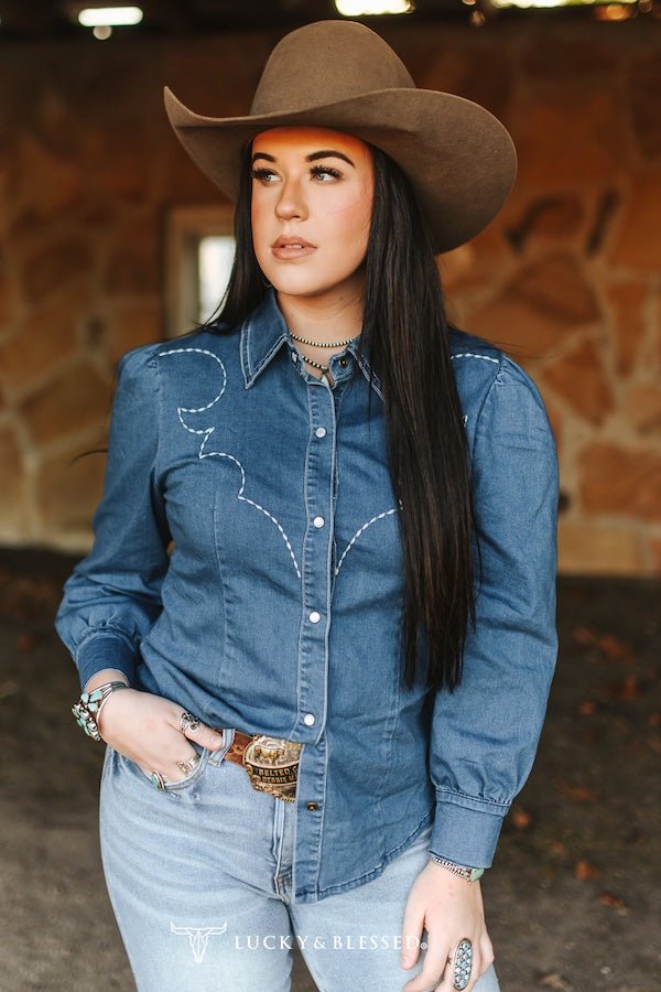 Lucky & Blessed Mid Wash Stretch Denim Pearl Snap Western Shirt