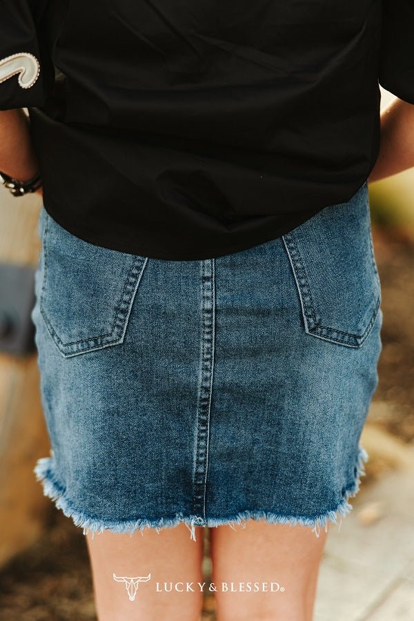 Lucky & Blessed Nashville High-Rise Raw Hem Western Denim Mini Skirt — Vintage Mineral Wash with Concho Belt-Ready Loops