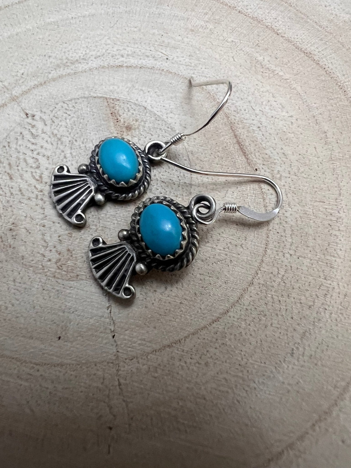 Sharon McCarthy Navajo Hand-Stamped Kingman Turquoise Sterling Drop Earrings — 1/2"