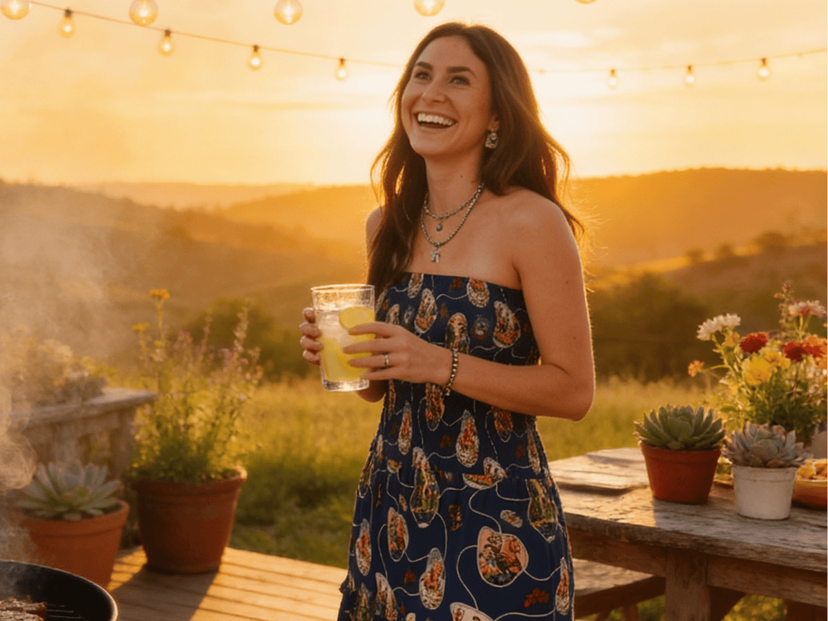 Lucky & Blessed Navy Retro Rodeo Print Smocked Strapless Western Midi Dress — Flowy Tiered Skirt with Vintage Rodeo Print