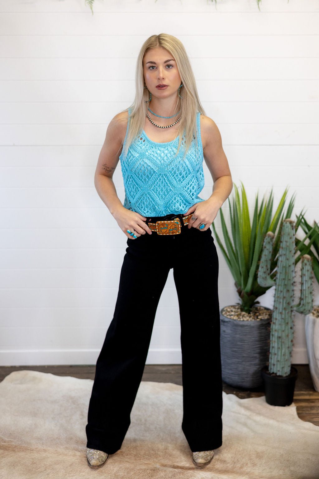 Hyfve Open Stitch Scoop Neck Sleeveless Western Layering Top