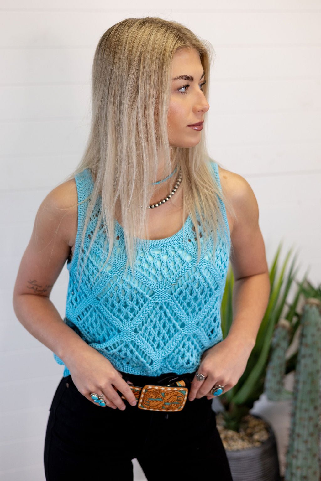 Hyfve Open Stitch Scoop Neck Sleeveless Western Layering Top