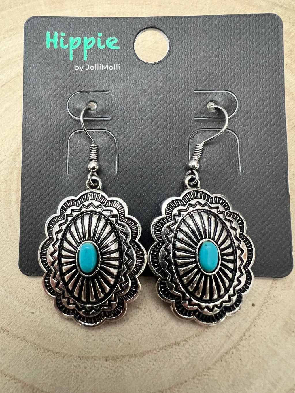 Oval Concho Earrings with Faux Turquoise — 1" Drop