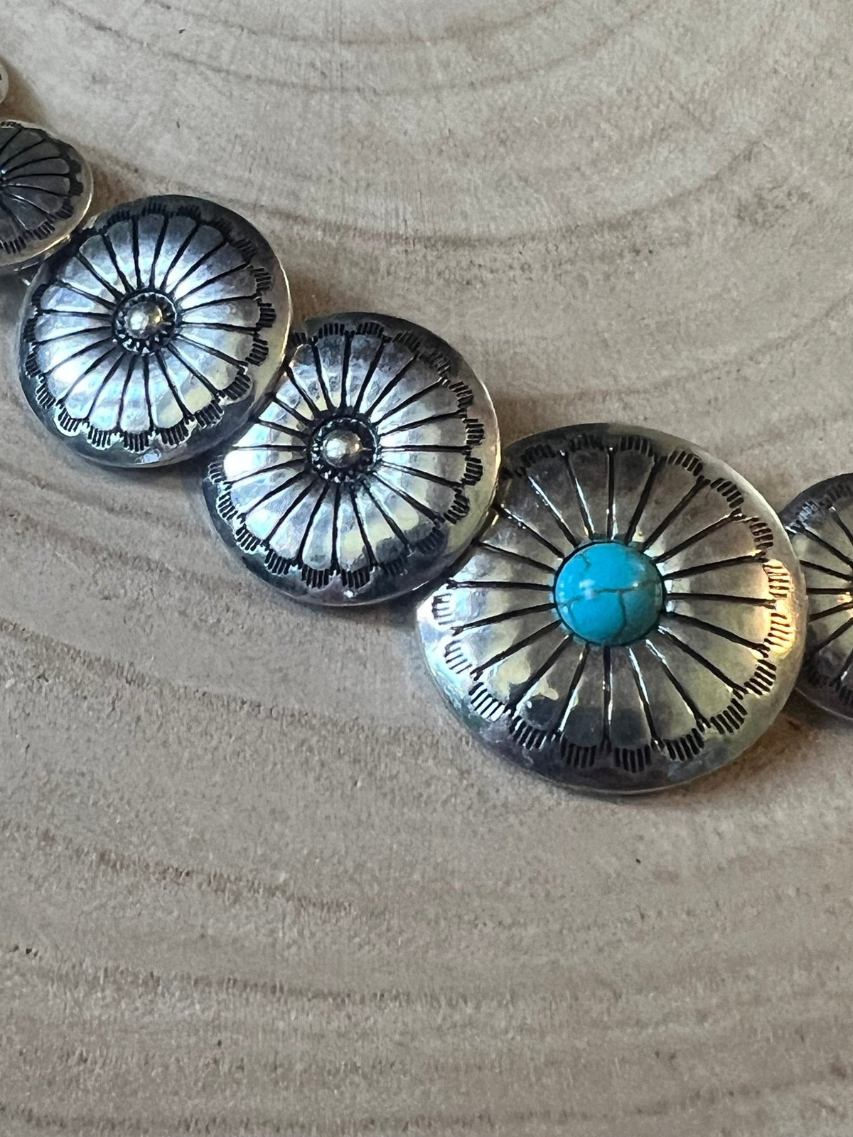 Overlapping Western Concho Necklace with Faux Turquoise — 18 Inch Southwestern Statement