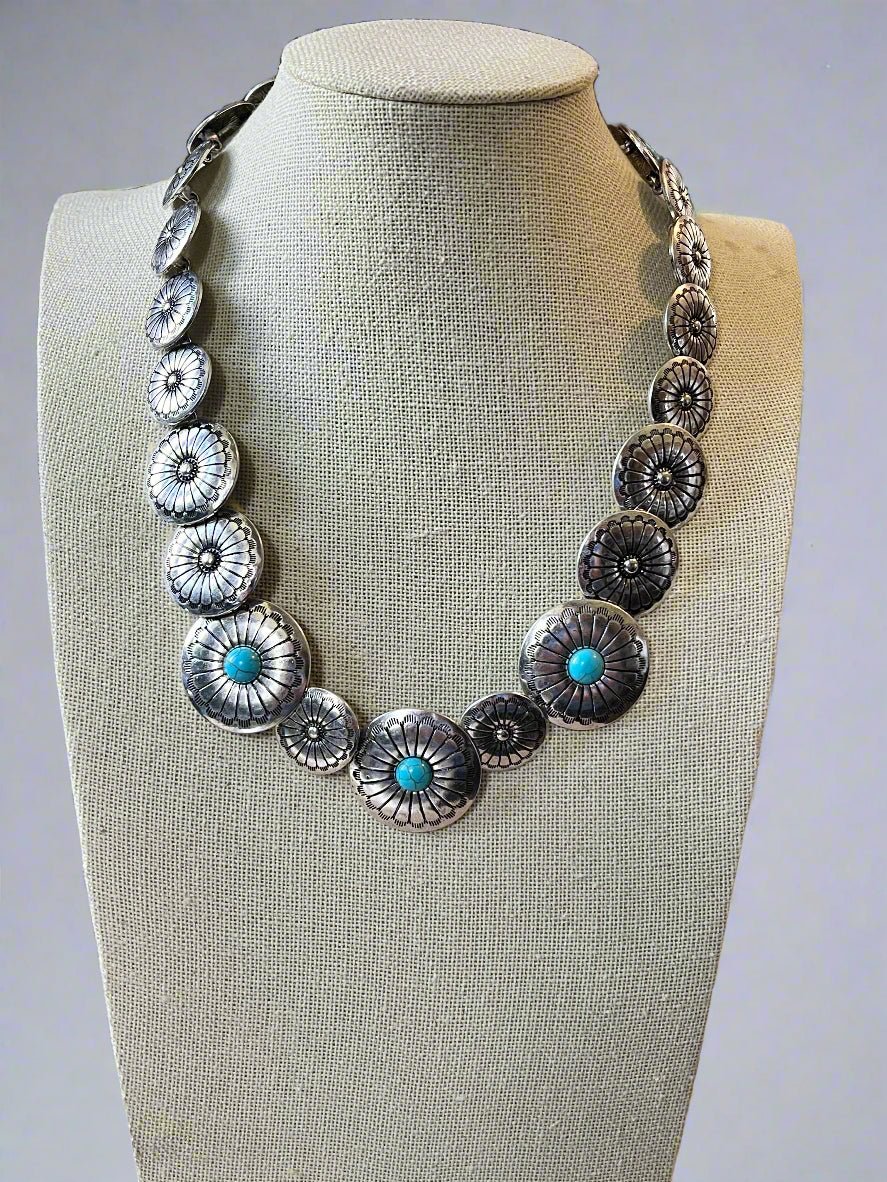 Overlapping Western Concho Necklace with Faux Turquoise — 18 Inch Southwestern Statement