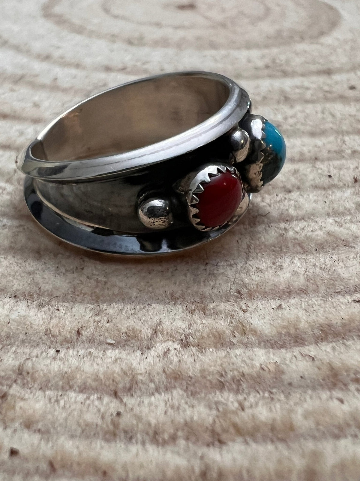 Paul Largo Navajo Turquoise & Coral Sterling Silver Ring — Size 9