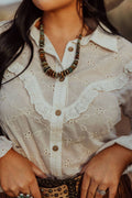 Prairie Eyelet Western Ruffle Blouse — with Wooden Buttons & Flared Cuff Hem