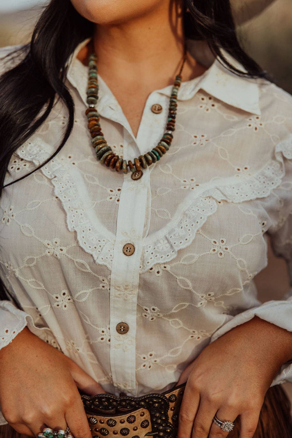Prairie Eyelet Western Ruffle Blouse — with Wooden Buttons & Flared Cuff Hem