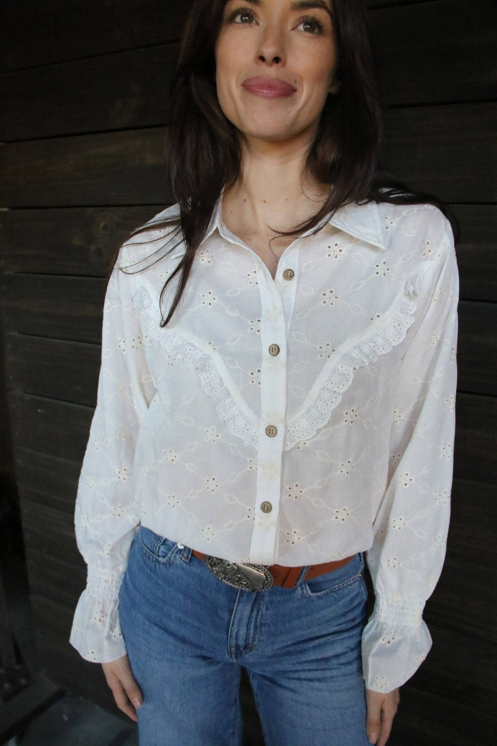 Prairie Eyelet Western Ruffle Blouse — with Wooden Buttons & Flared Cuff Hem