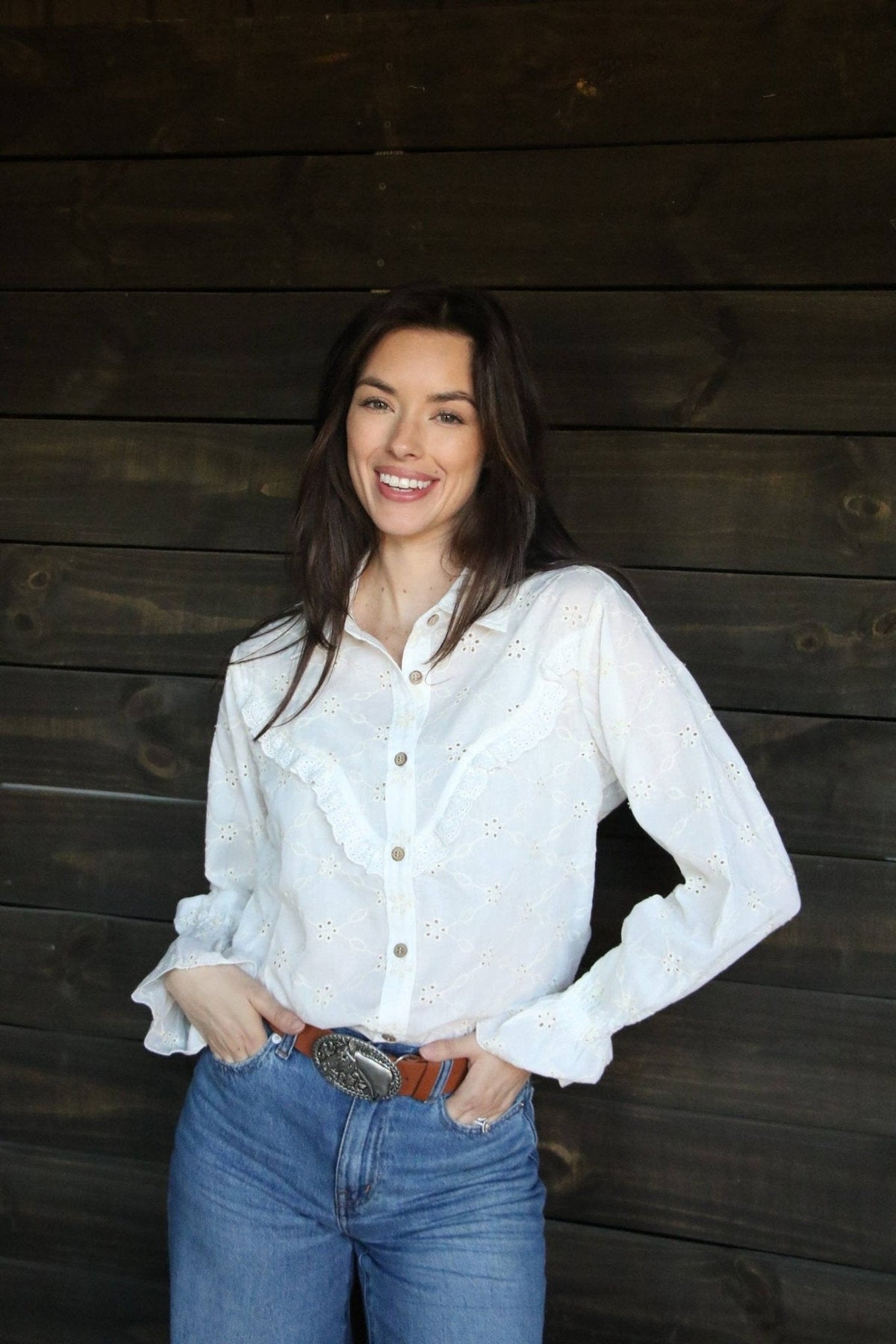 Prairie Eyelet Western Ruffle Blouse — with Wooden Buttons & Flared Cuff Hem