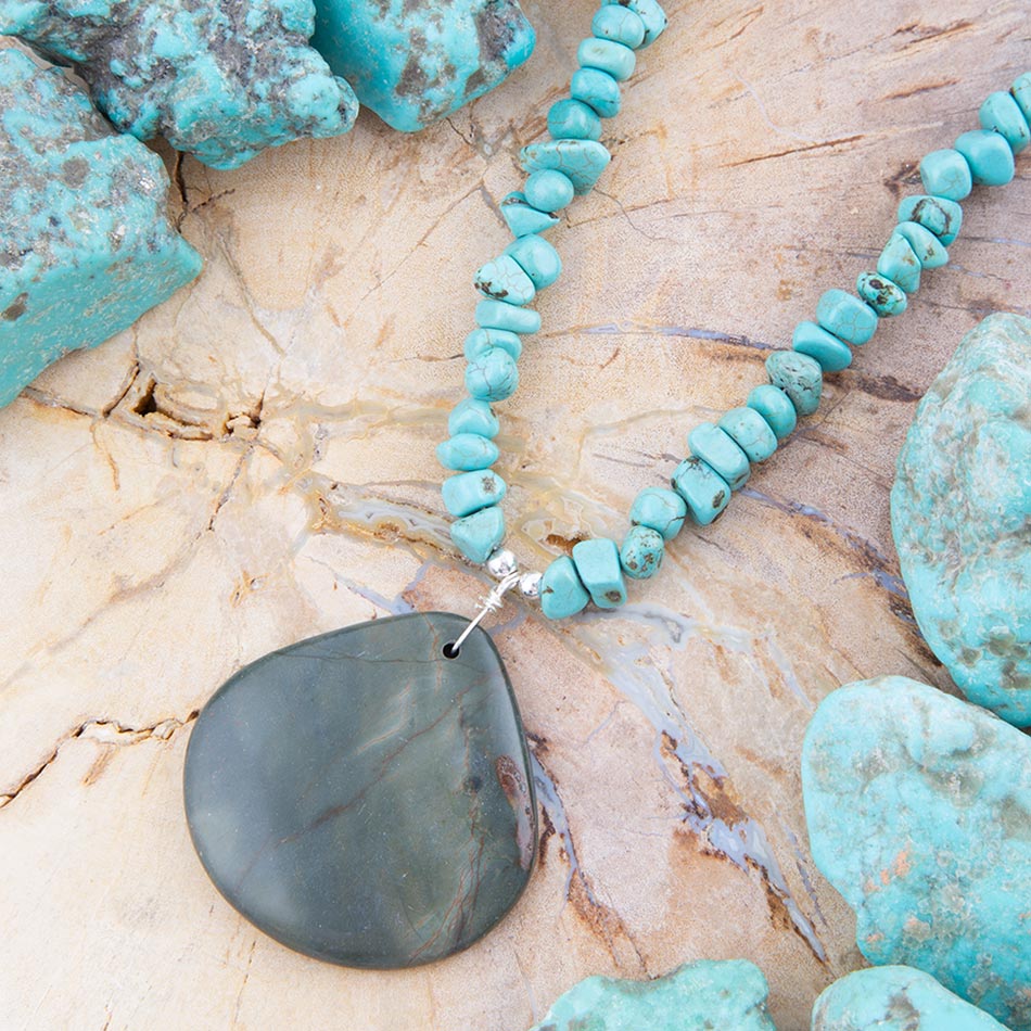 Pueblo Blue Turquoise Magnesite & Jasper Sterling Silver Necklace