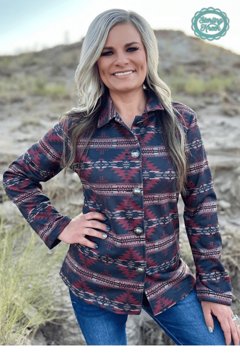 Rebel Aztec Print Sterling Kreek Western Jacket — Striking Red & Black Aztec with Buffalo Buttons