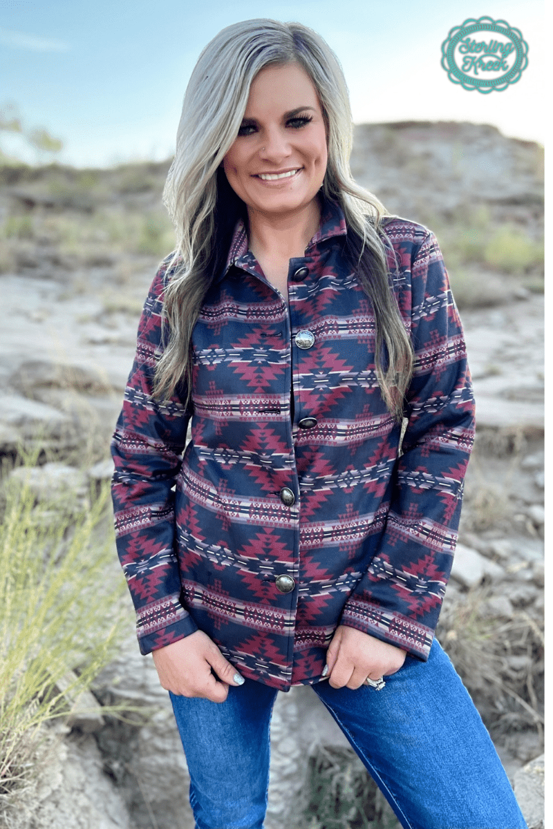 Rebel Aztec Print Sterling Kreek Western Jacket — Striking Red & Black Aztec with Buffalo Buttons