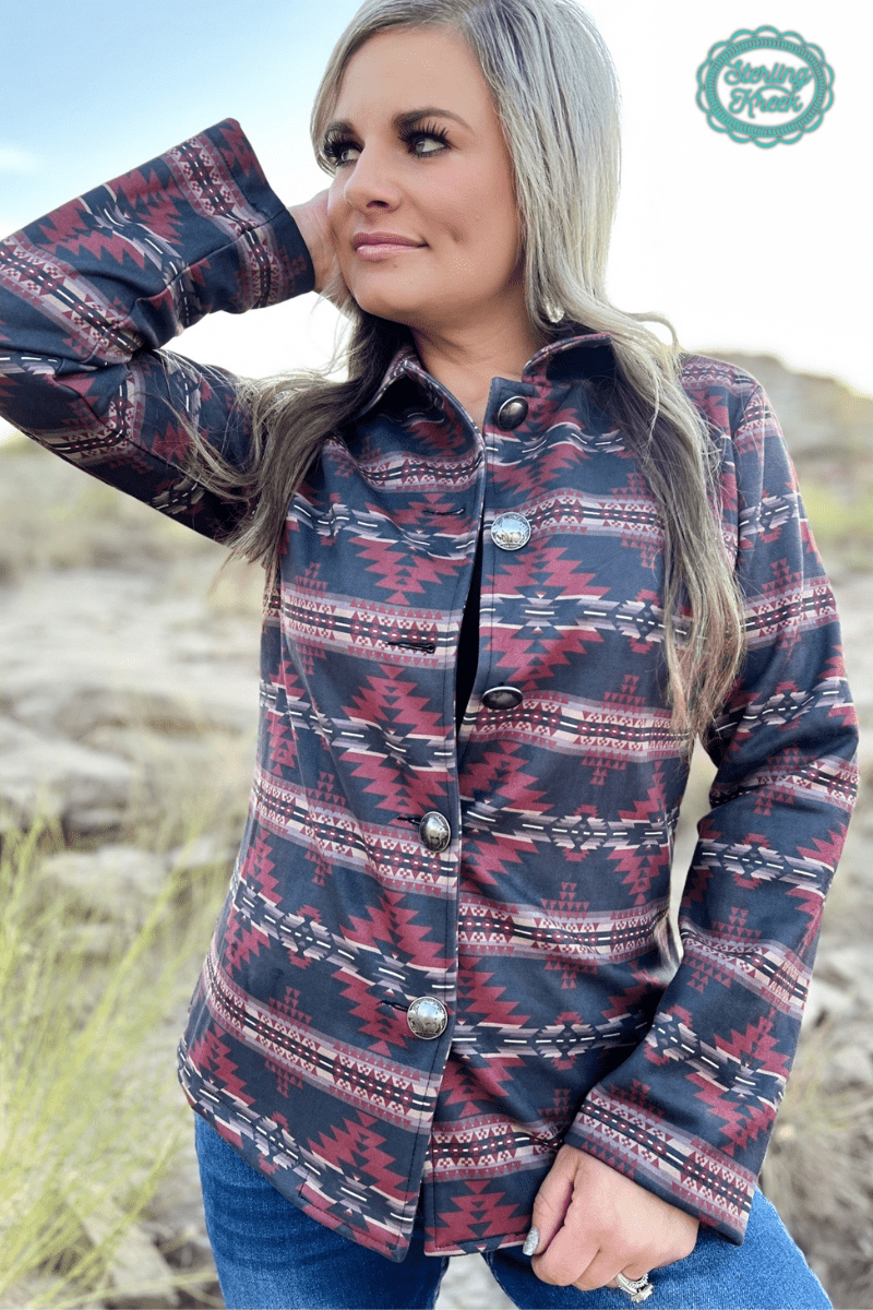 Rebel Aztec Print Sterling Kreek Western Jacket — Striking Red & Black Aztec with Buffalo Buttons