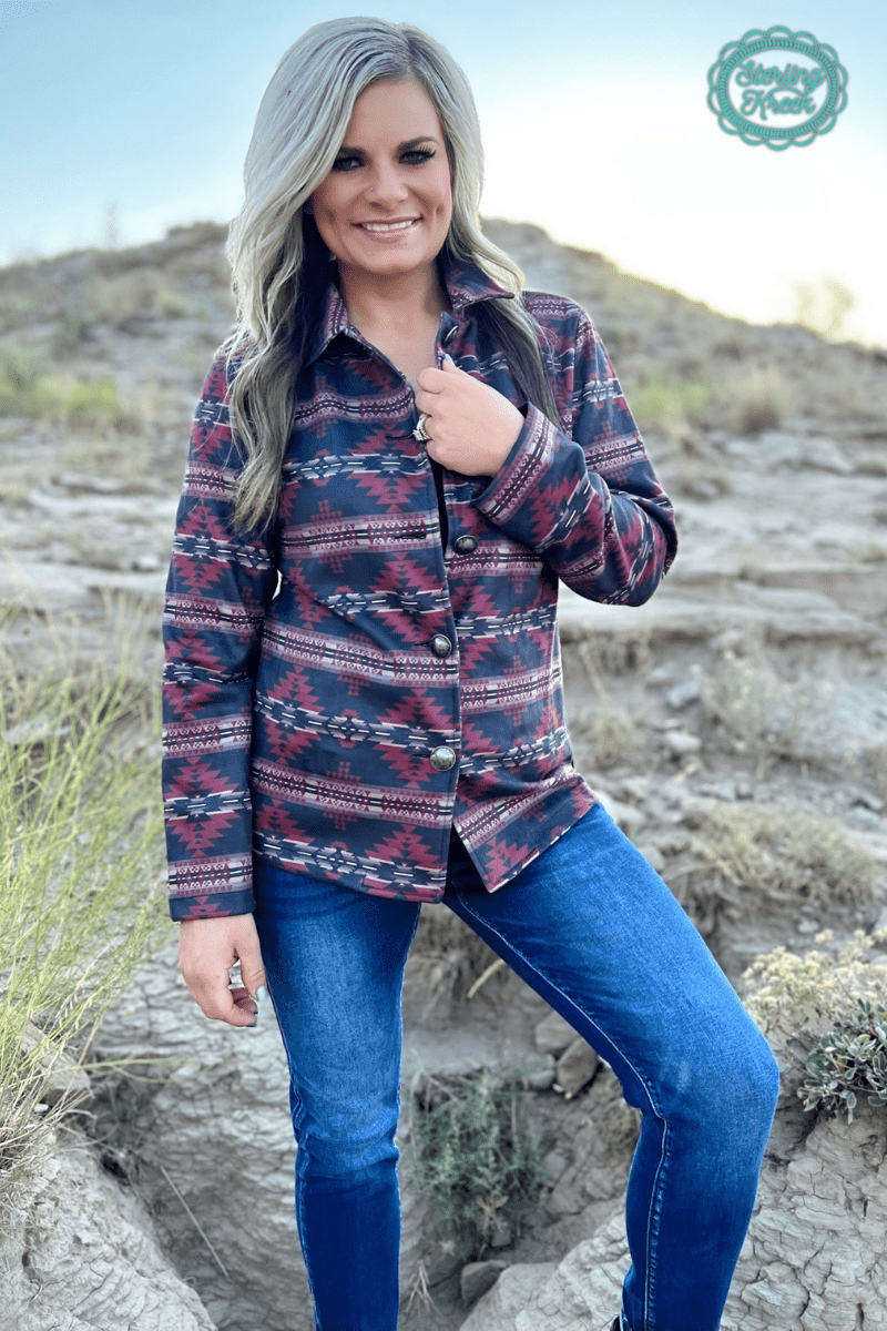 Rebel Aztec Print Sterling Kreek Western Jacket — Striking Red & Black Aztec with Buffalo Buttons