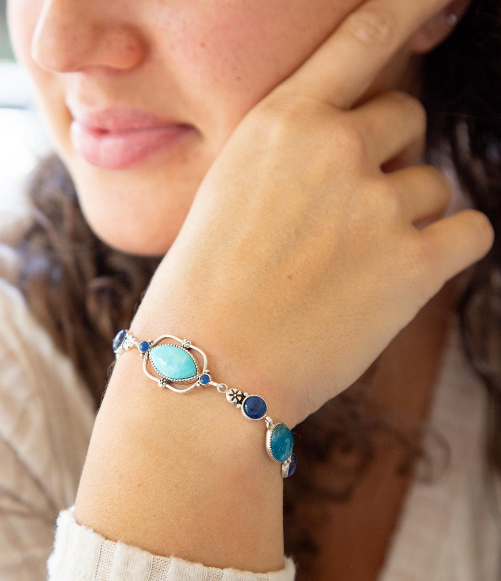 Regal Blue Turquoise & Apatite Sterling Silver Link Bracelet