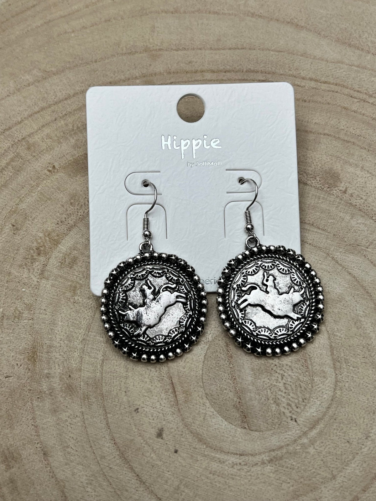 Rodeo Cowboy Pendant Earrings — Oxidized Silver Western Statement