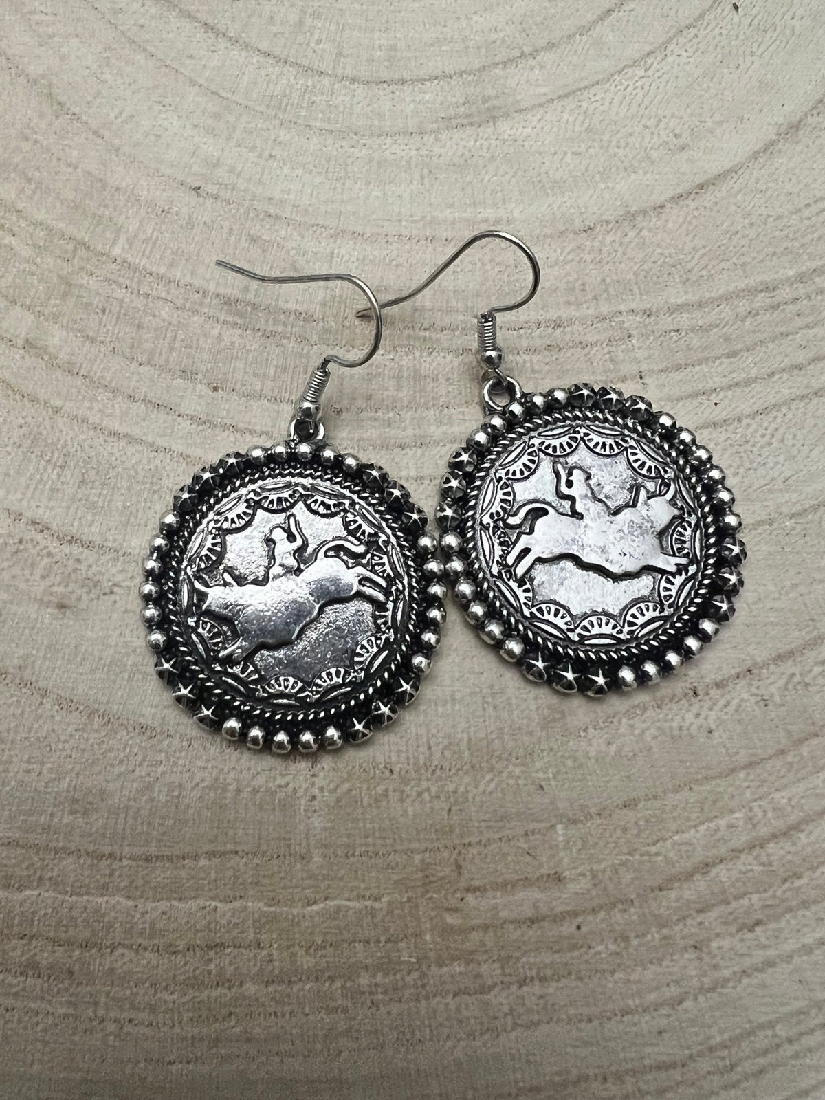Rodeo Cowboy Pendant Earrings — Oxidized Silver Western Statement