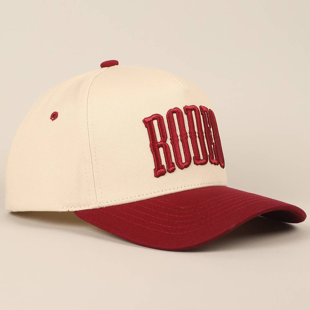 Rodeo Two-Tone Embroidered Trucker Hat — Wine Red Cotton Canvas with Raised Lettering & 5-Panel Structure