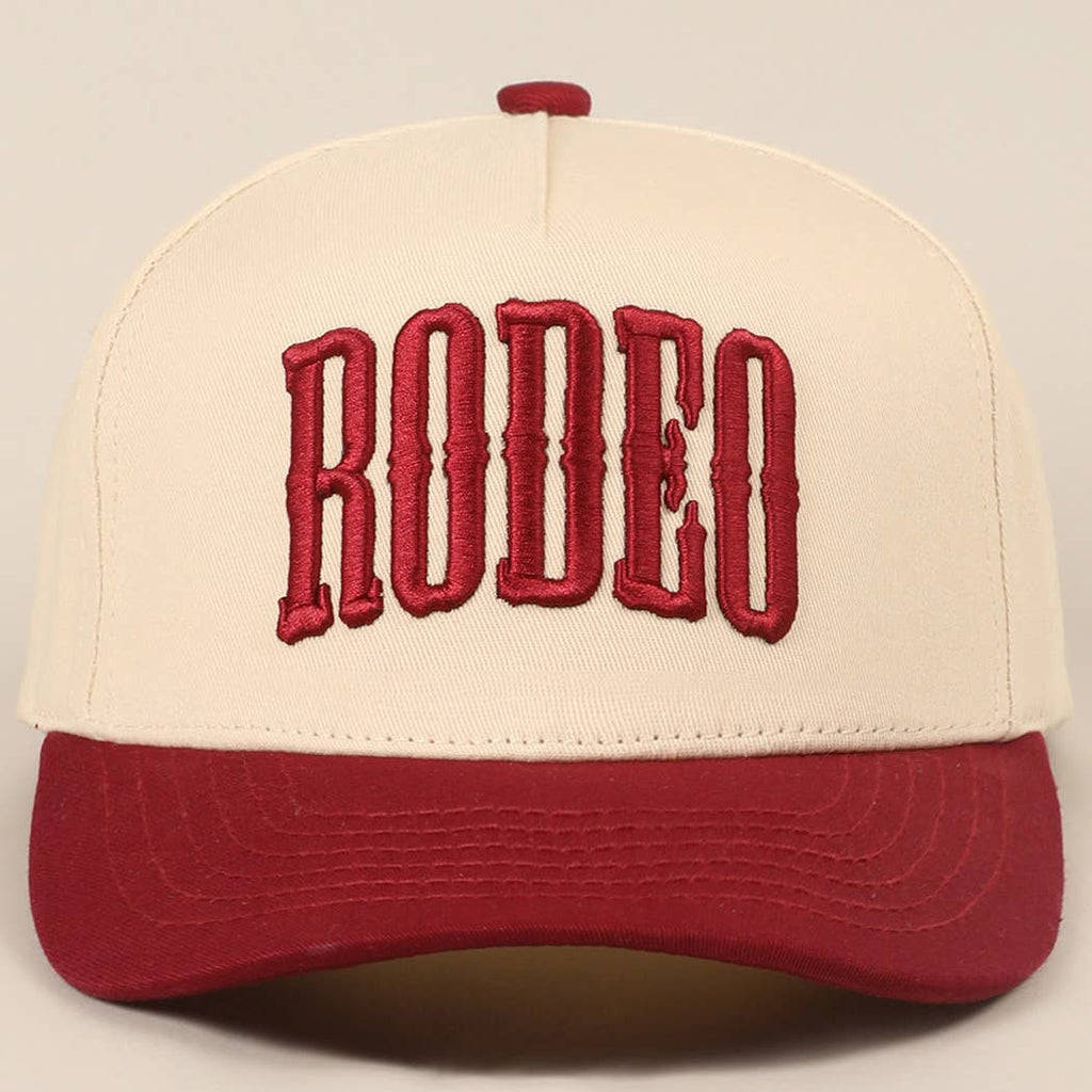 Rodeo Two-Tone Embroidered Trucker Hat — Wine Red Cotton Canvas with Raised Lettering & 5-Panel Structure