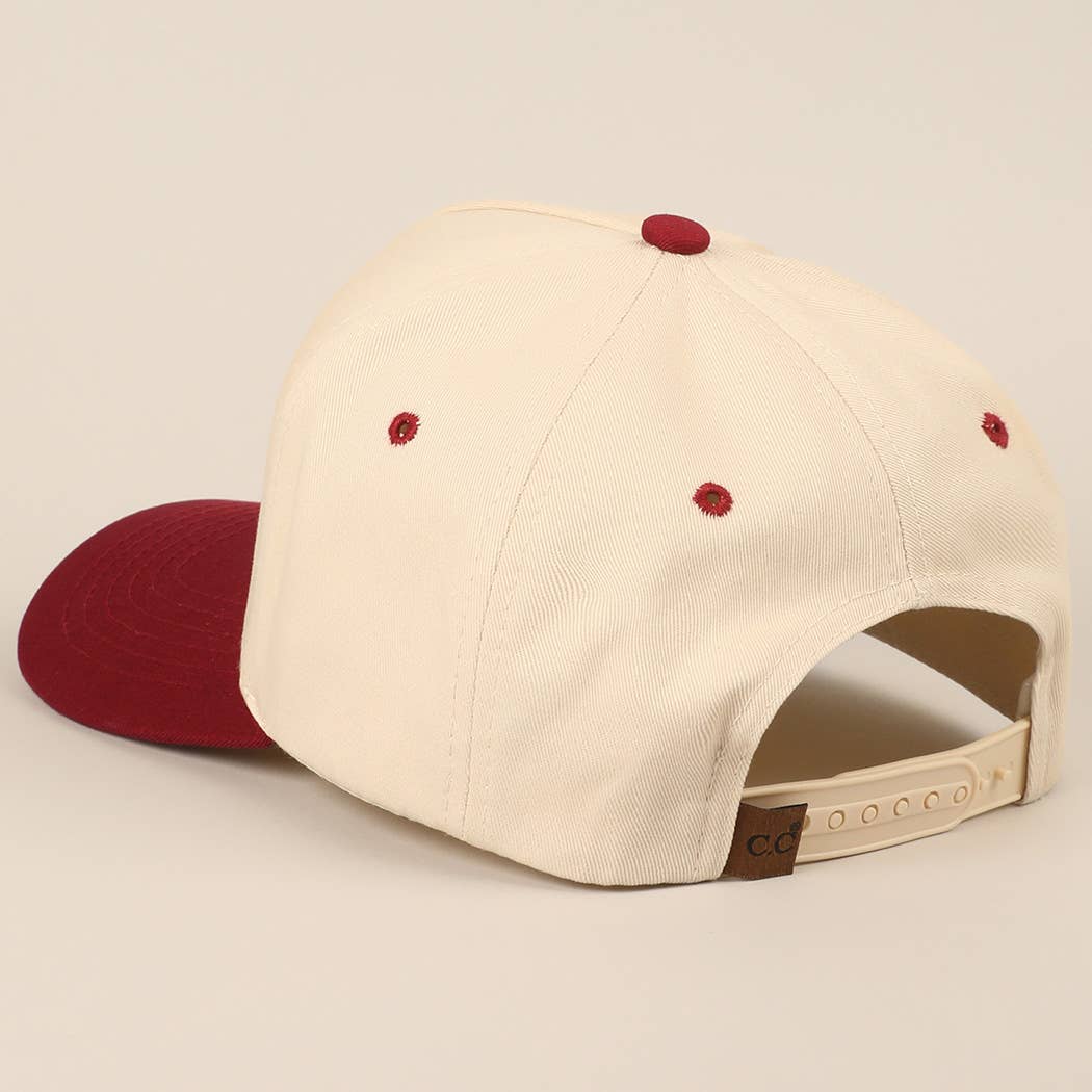 Rodeo Two-Tone Embroidered Trucker Hat — Wine Red Cotton Canvas with Raised Lettering & 5-Panel Structure