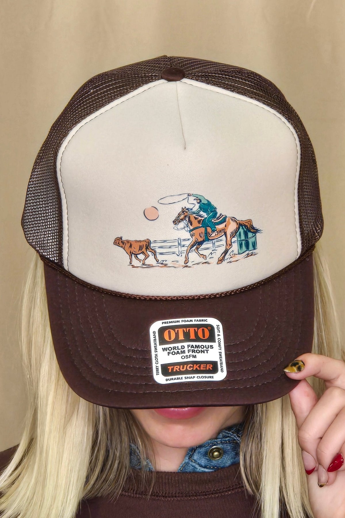 Roping Cowboy Trucker Hat — Otto 5-Panel Foam Front with DTF Western Print & Mesh Back