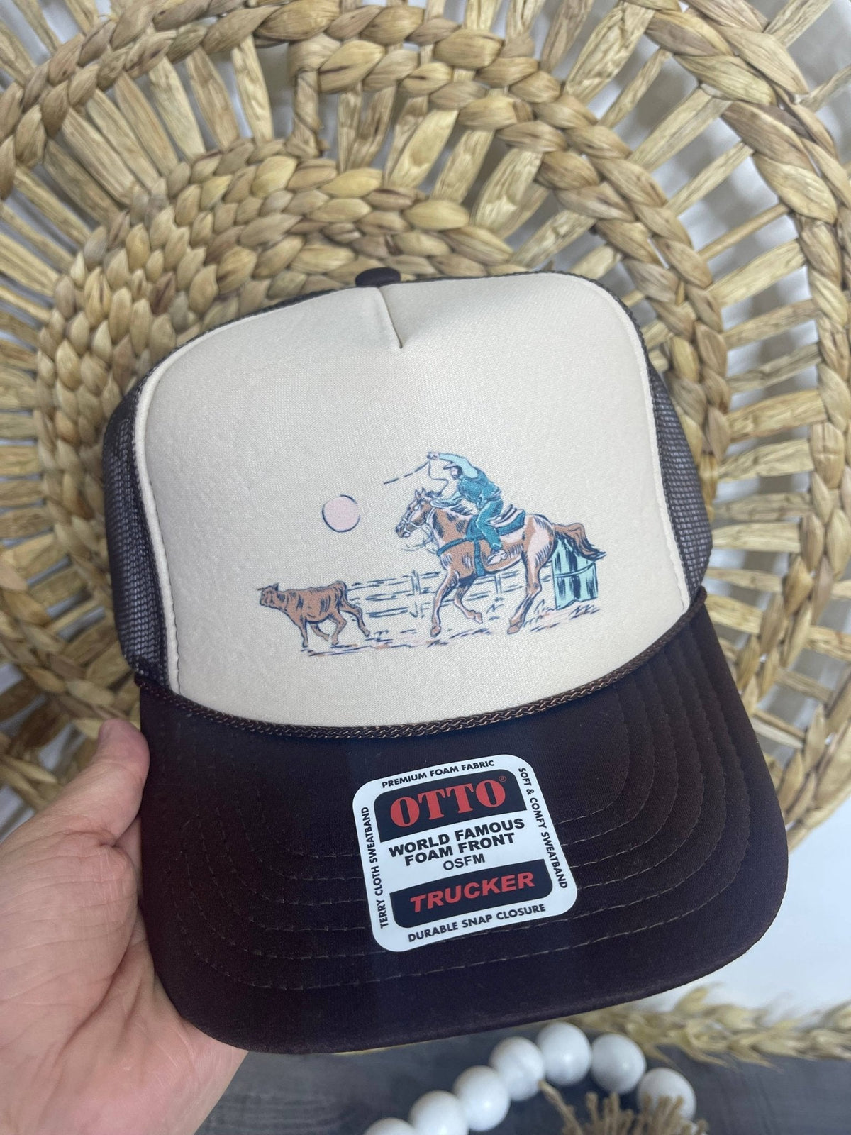 Roping Cowboy Trucker Hat — Otto 5-Panel Foam Front with DTF Western Print & Mesh Back