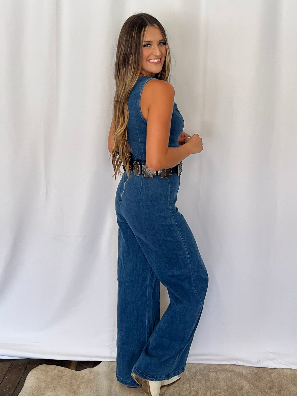 Rosie Scalloped Neckline Washed Denim Flying Tomato Western Jumpsuit — Wide-Leg with Banded Sash Belt & Back Zipper (small remains)