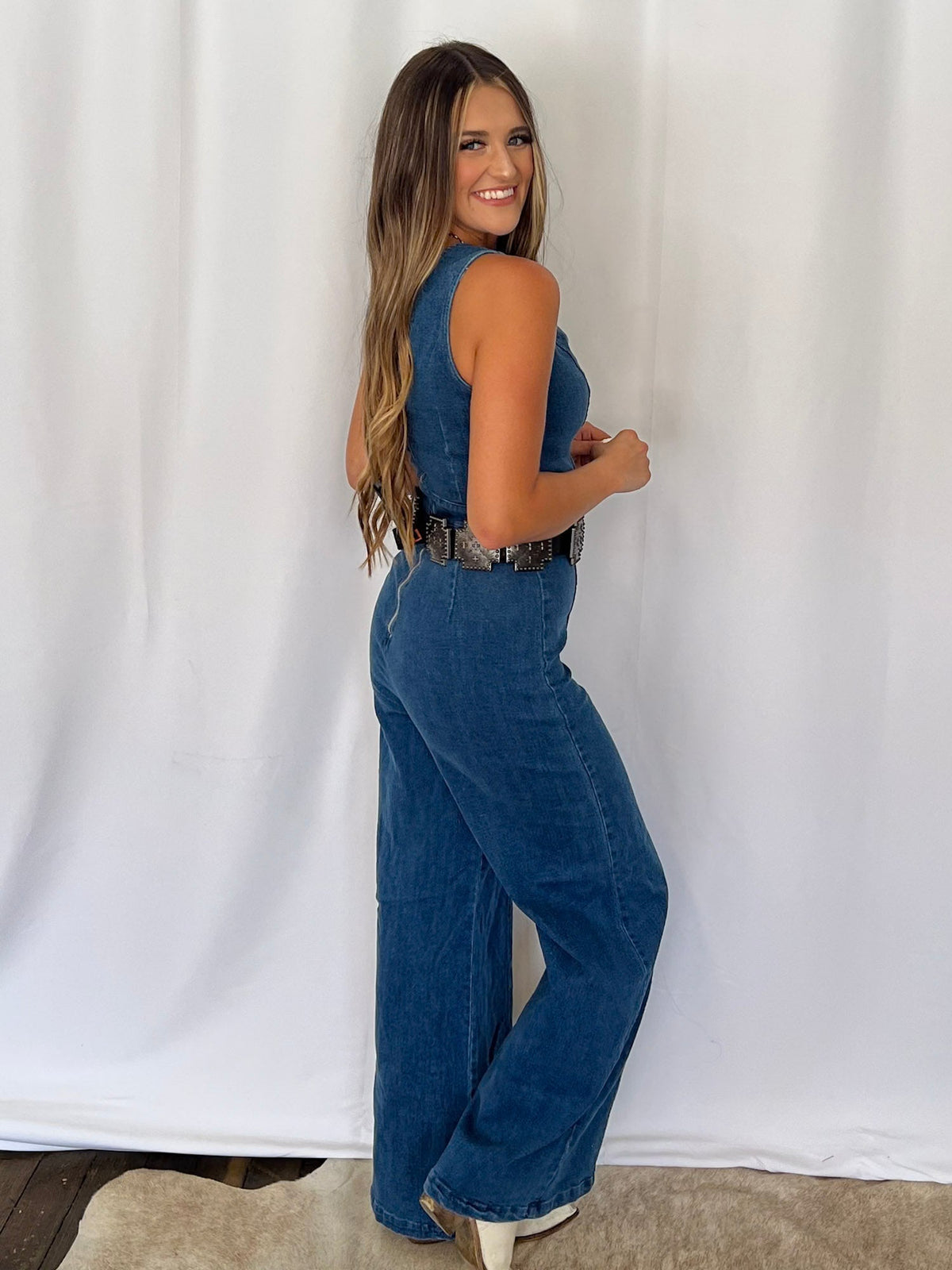 Rosie Scalloped Neckline Washed Denim Flying Tomato Western Jumpsuit — Wide-Leg with Banded Sash Belt & Back Zipper (small remains)